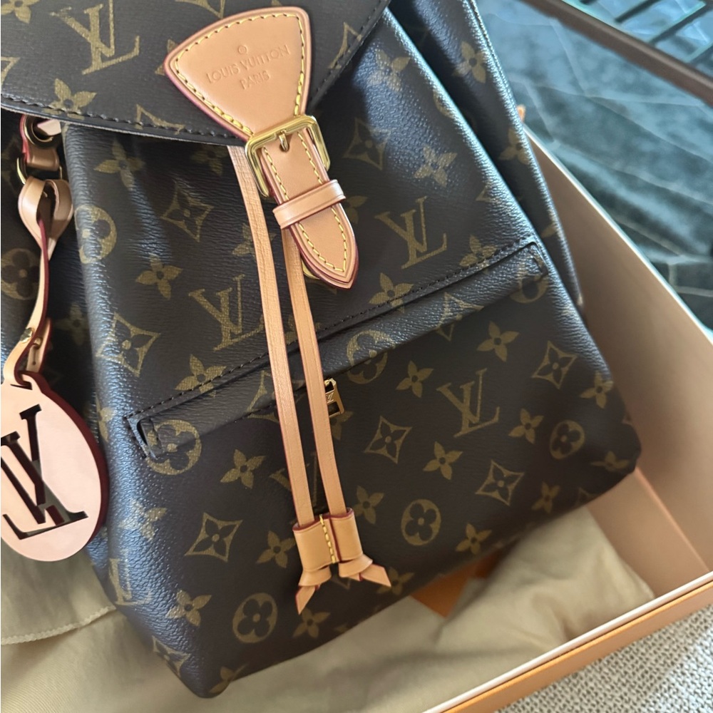 Louis Vuitton Monogram Canvas Small Drawstring Backpack in Brown/Pink Trim